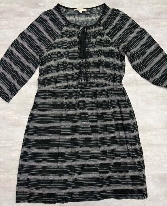LOFT Dresses & Skirts - LOFT Ann Taylor Black & White Striped Embroidered Tassel Boho Dress Size‎ L